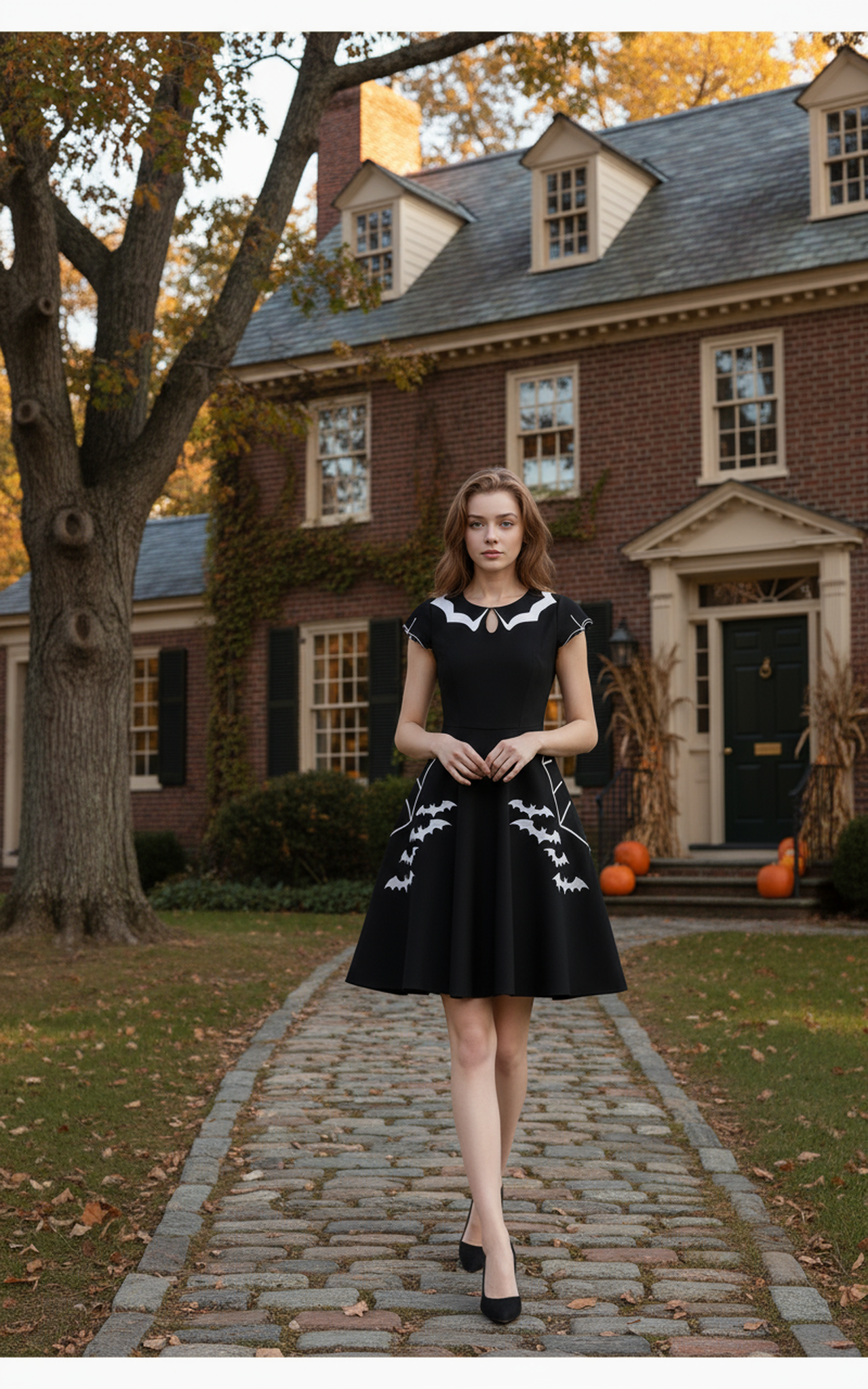 Halloween Bat Embroidered Dress – Cute Spooky Gothic Aesthetic Cotton Outfit