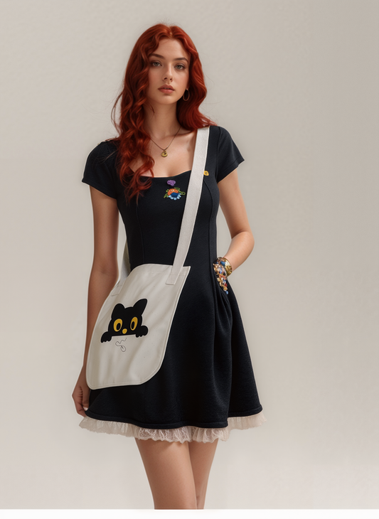 Holipop Cute Cat Organic Canvas Tote – Eco-Friendly Shopping Bag, Minimalist Carryall